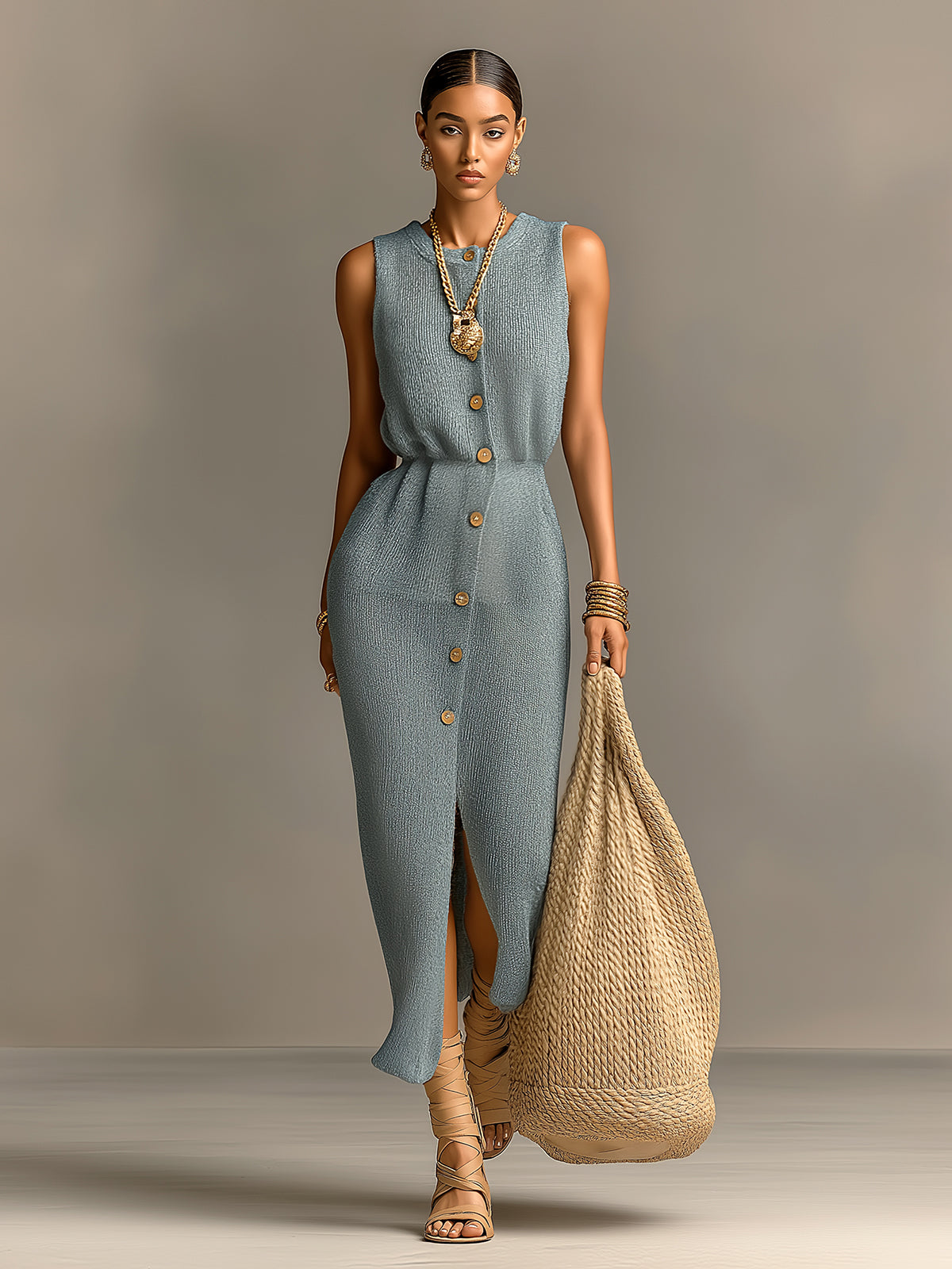 ElevenOra Chic Elegant Haze Blue Round Neck Single-Breasted Sleeveless Loose-Fit Tailored Waist Knit Maxi Dress