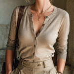 ElevenOra Casual Office Camel Round Neck Single-Breasted Slim Cotton Polyester Blend Knit Cardigan