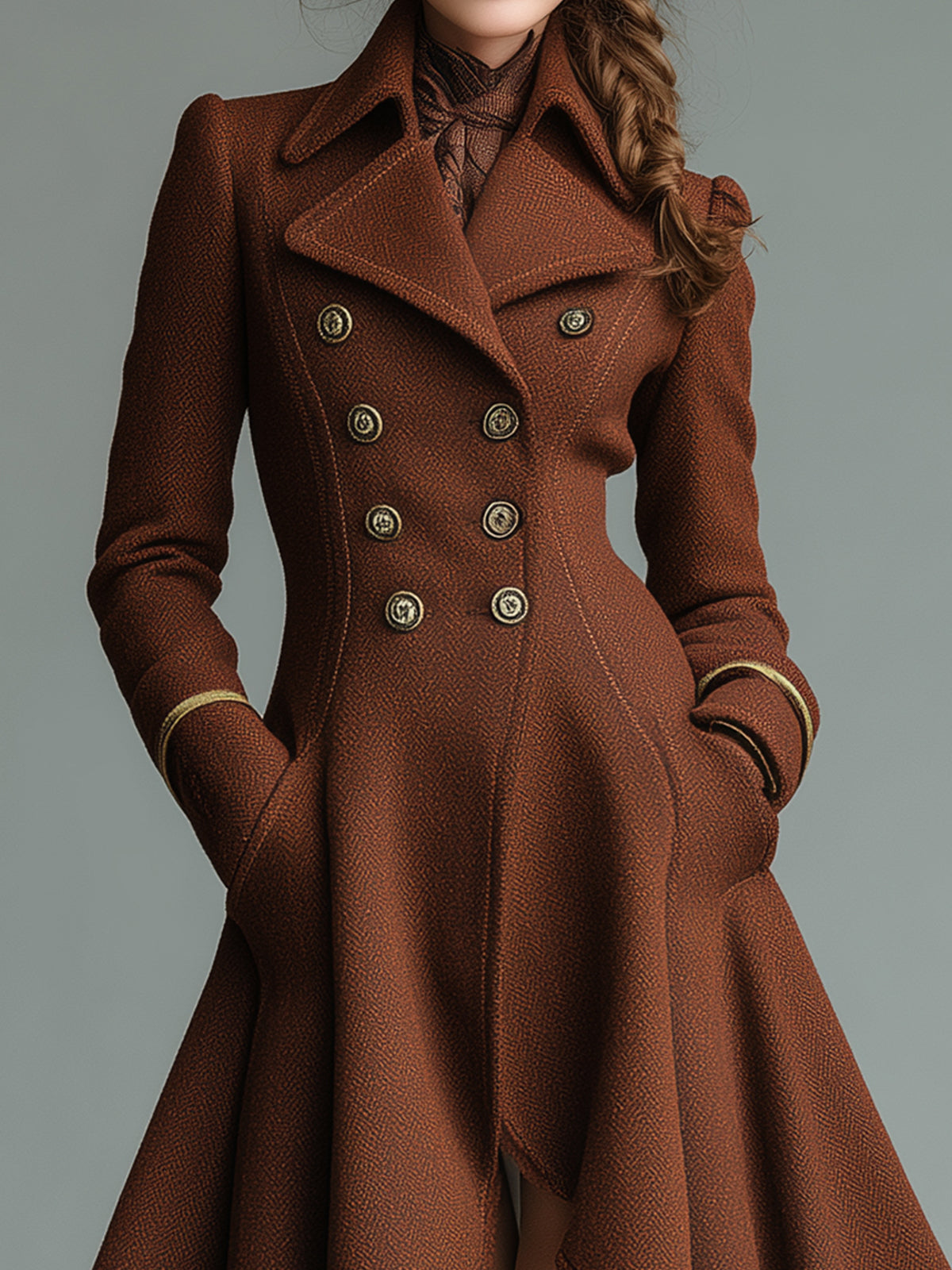 ElevenOra Vintage Wool Blend Lapel Double-Breasted Tailored Waist Asymmetrical Flared Hem Long Coat