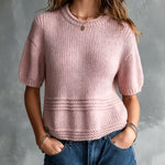ElevenOra Chic Elegant Pink Round-Neck Dropped-Shoulder Short-Sleeve Loose-Fit Wool Blend Knit Sweater Top