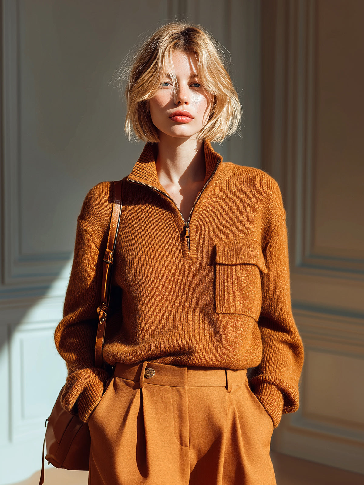 ElevenOra Chic Casual Caramel Half-Zip Mock Neck Pocket-Detail Long-Sleeve Knit Sweater Top