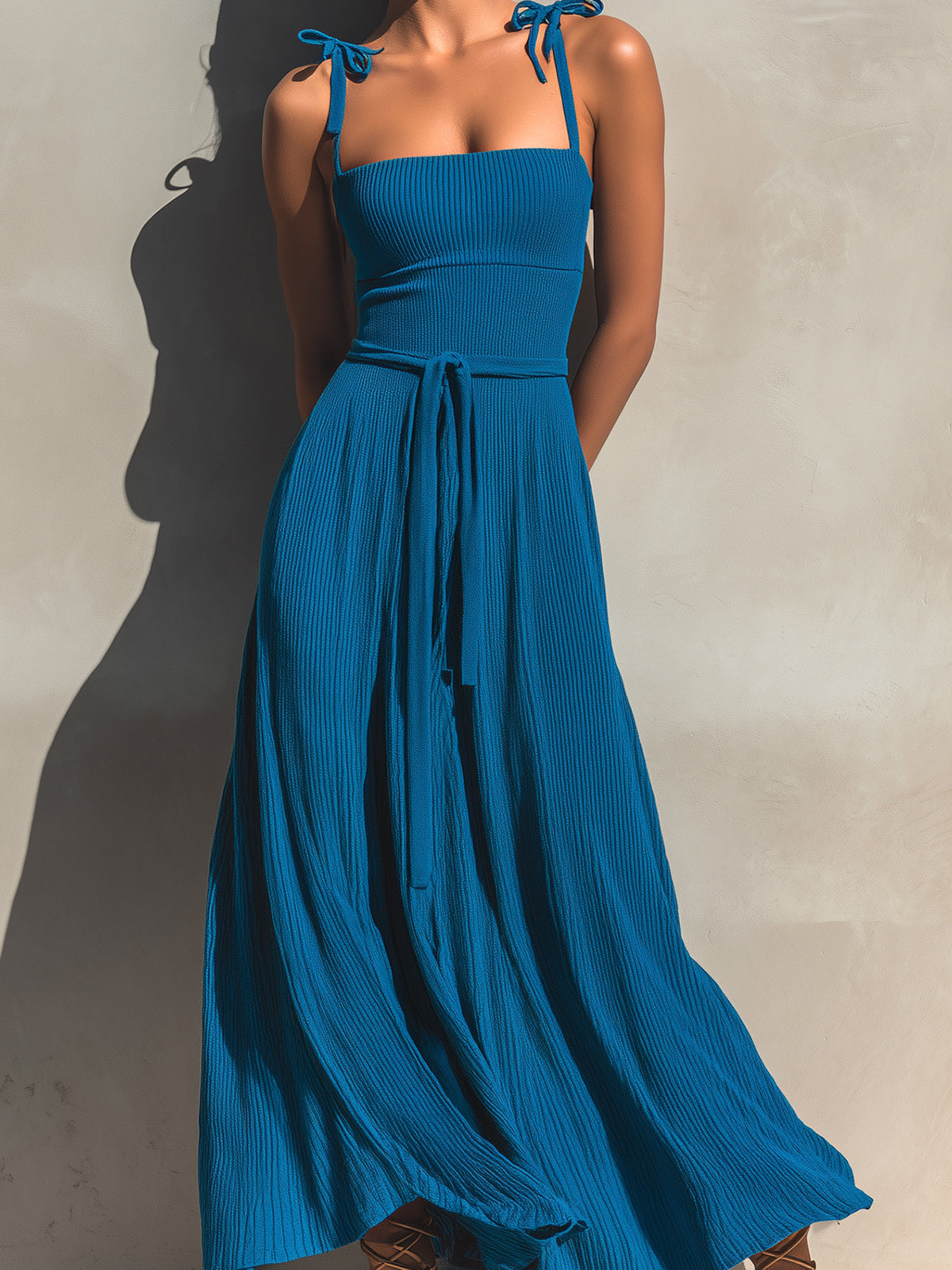 ElevenOra Chic Elegant Dark Blue Spaghetti Straps Square Neck Sleeveless Tie-Waist A-Line Ribbed Knit Maxi Dress