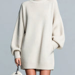 ElevenOra Chic Elegant Beige Round Neck Oversize Lantern Sleeve Knit Mini Dress