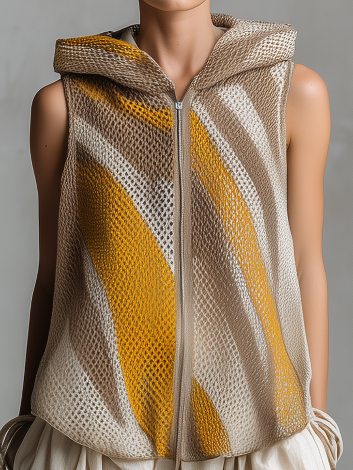 ElevenOra Chic Elegant Brown-Yellow Colorblock Jacquard Hood Sleeveless Zipper-Placket Loose-Fit Knit Vest Top