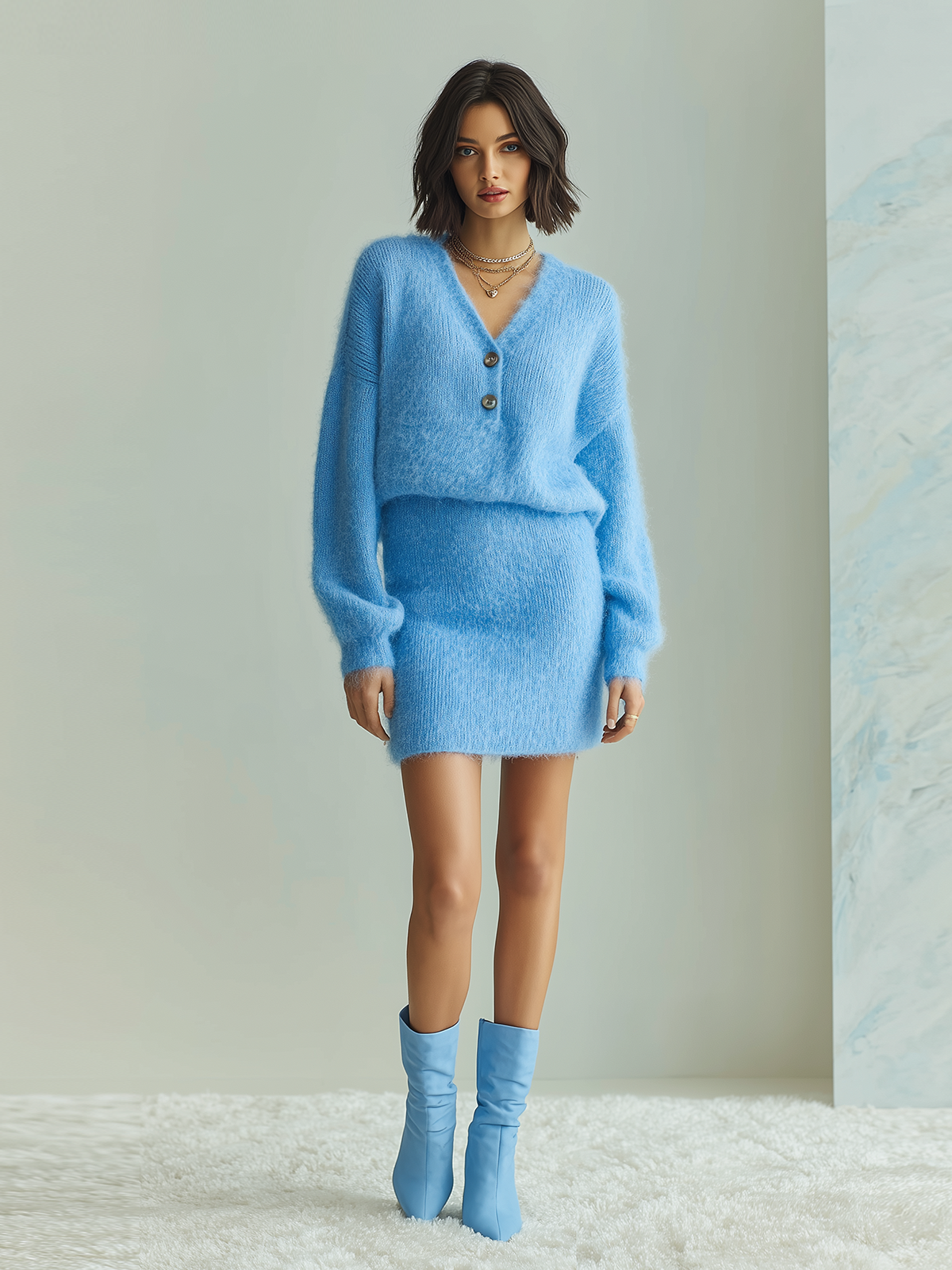 ElevenOra Chic Vintage Blue V-Neck Button Long Sleeve Oversized Sweater Bodyon Mini Skirt Fuzzy Knit Two-Piece Set