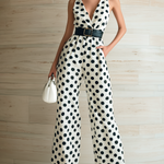 ElevenOra Chic Elegant Black-White Polka Dot Print V-Neck Sleeveless Slim-Fit Waist Tie Wide-Leg Chiffon Jumpsuit