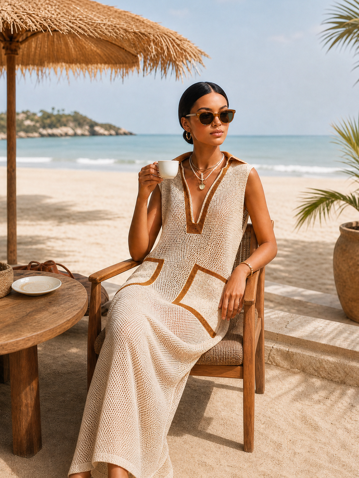 ElevenOraChic Elegant Beige Colorblock Lapel Collar V-Neck Patch Pocket Sleeveless Loose-Fit Ribbed Knit Maxi Dress