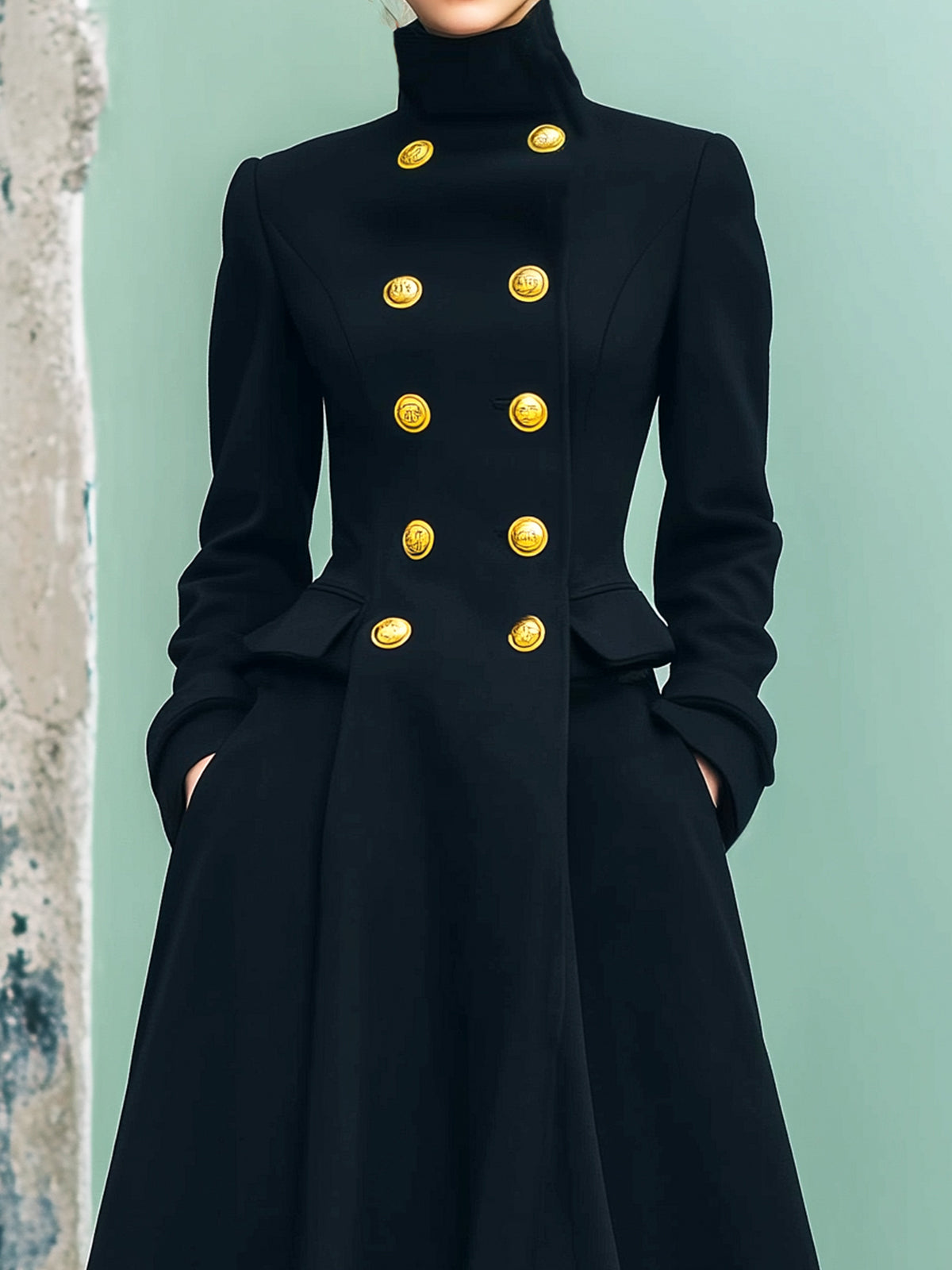ElevenOra Vintage Navy Wool Blend Stand Collar Metal Button Double-Breasted Tailored Waist Flared Hem Long Coat