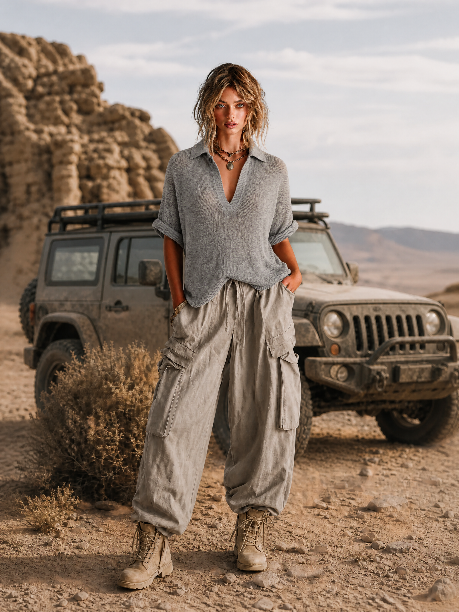 ElevenOra Chic Casual Dusty Grey Lapel-Collar V-Neck Button-Detail Half‑Sleeve Loose-Fit Mesh Knit Sweater Top