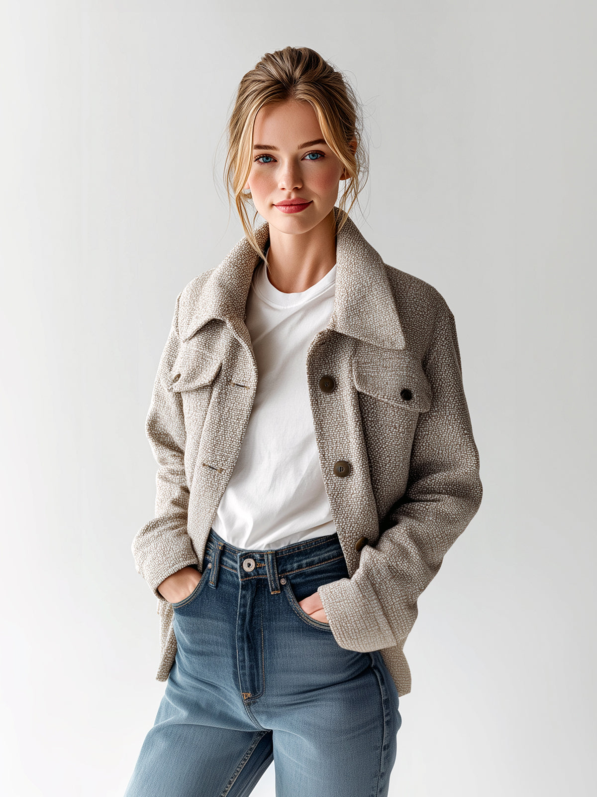 ElevenOra Chic Vintage Light Brown Tweed Lapel Single-Breasted Chest Pocket Slim Fit Jacket