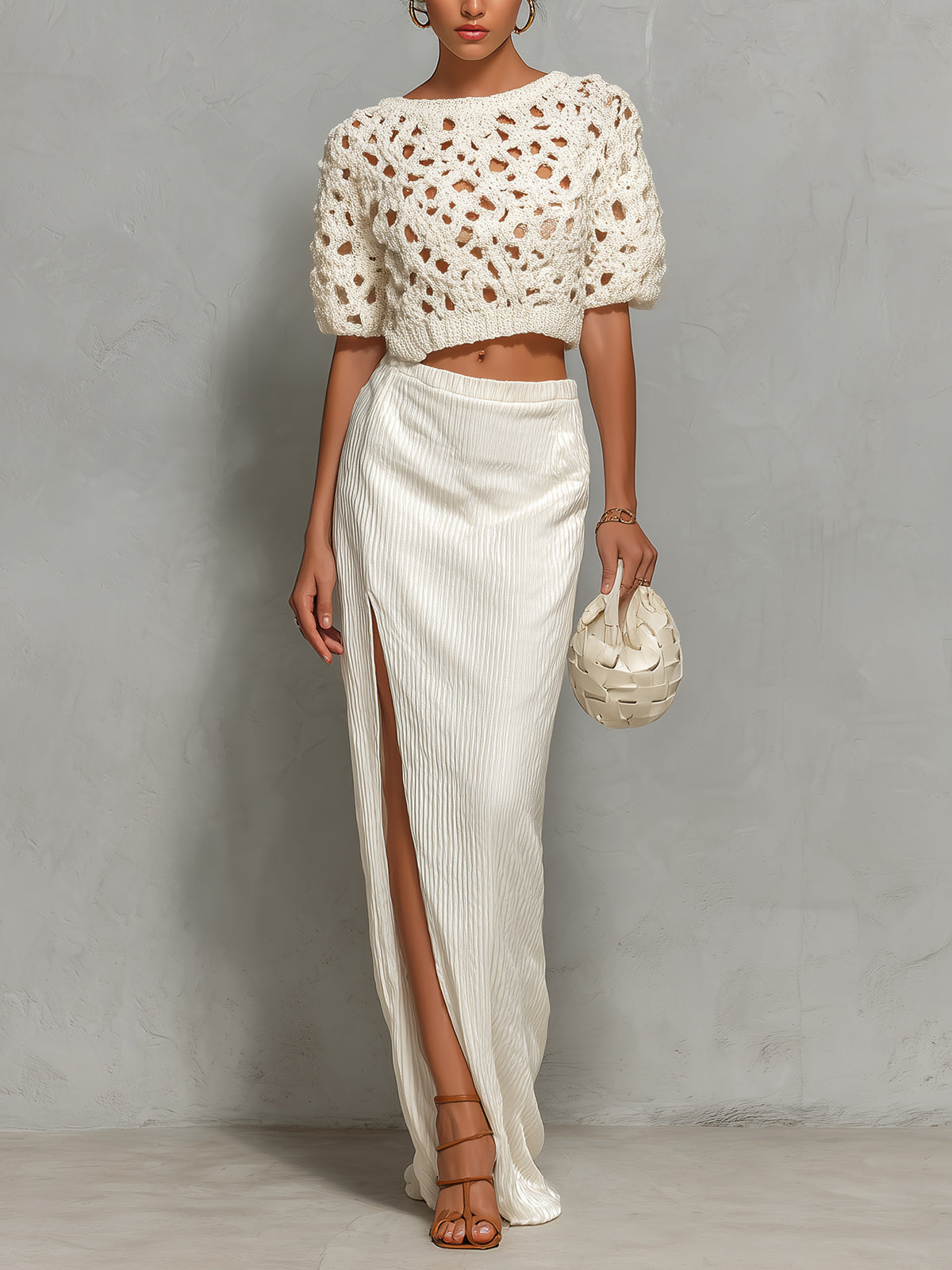 ElevenOra Chic Elegant Cream White Round Neck Half Sleeve Loose-Fit Hollow Out Cropped Top Striped Side-Slit Maxi Skirt Two-Piece Set