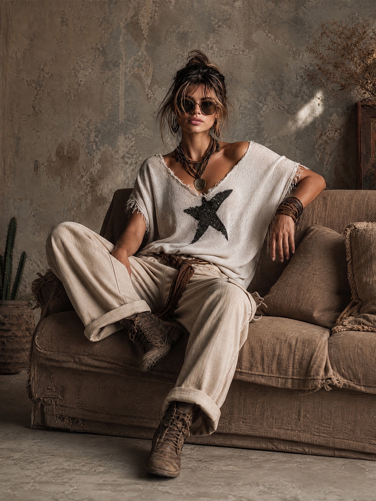 ElevenOra Chic Casual White V-Neck Star Print  Raw Edge Dolman Sleeves Loose-Fit Knit SweaterTop
