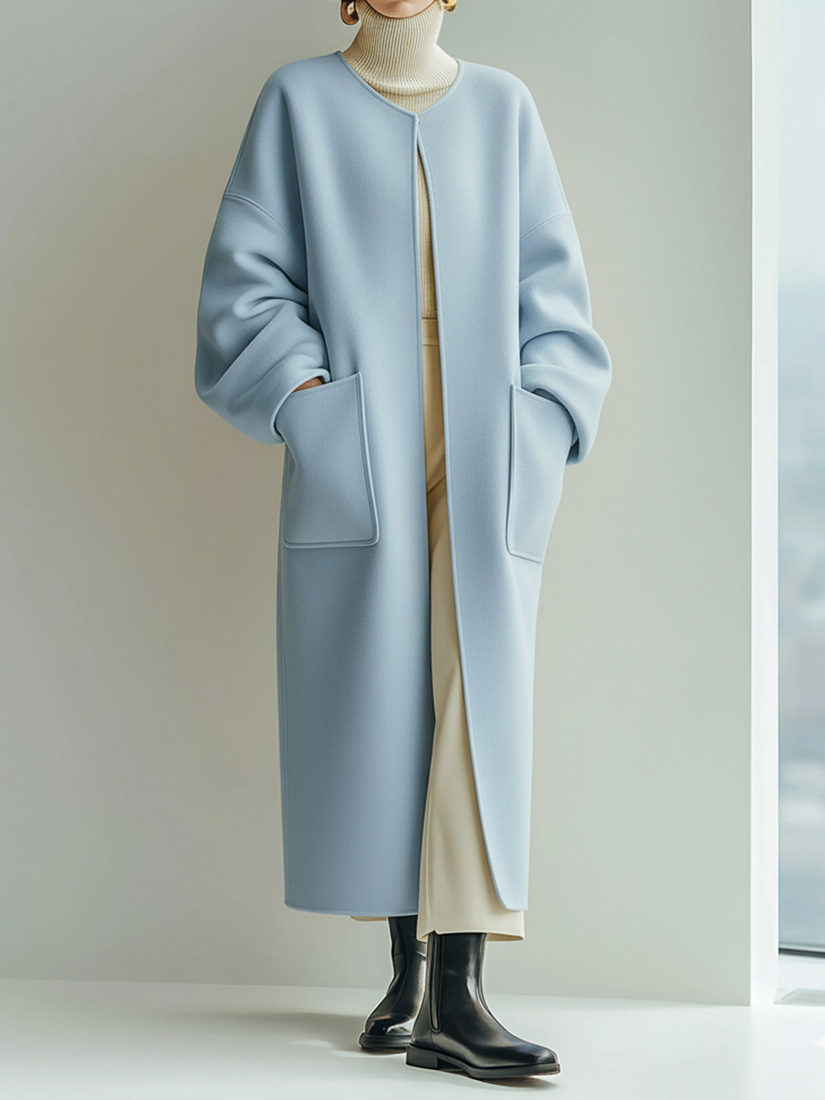 ElevenOra Chic Elegant Light Blue Wool Blend Collarless Large Pocket Slouchy Maxi-Length Coat