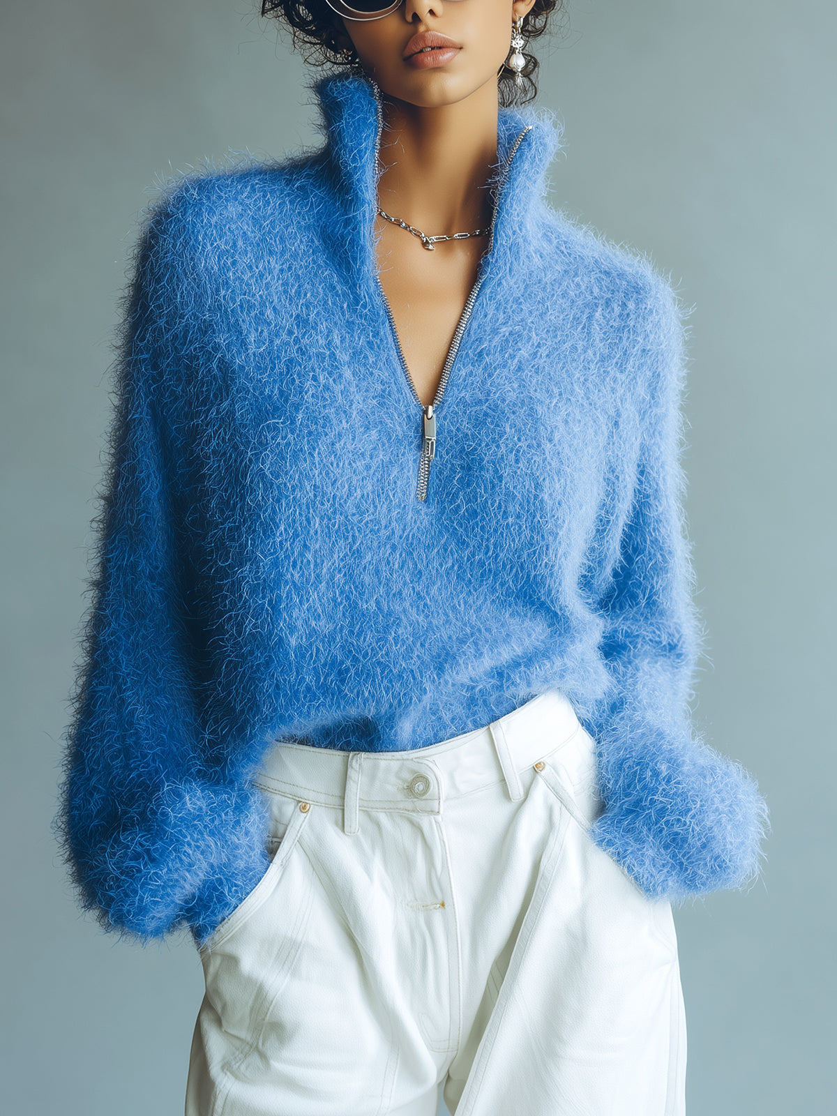 ElevenOra Chic Elegant Dark Blue Zipper-Up Stand Collar Long Lantern Sleeve Oversize Fuzzy Knit Sweater Top