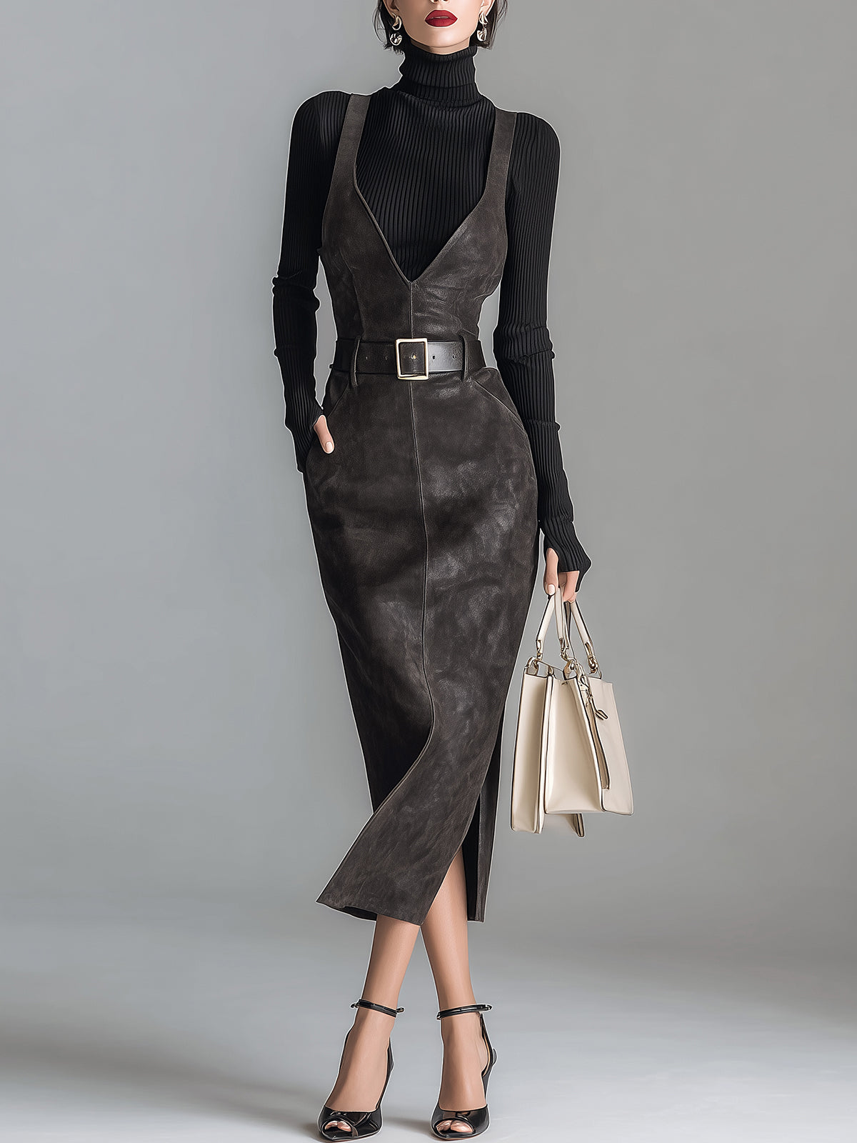 ElevenOra Chic Elegant Dark Gray Faux Suede Deep V-Neck Tailored Waist Belted Side Slit Pinafore Maxi Dress