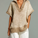 ElevenOra Fashion Casual Beige Stand-Collar Colorblock Loose Sleeveless Knit Vest