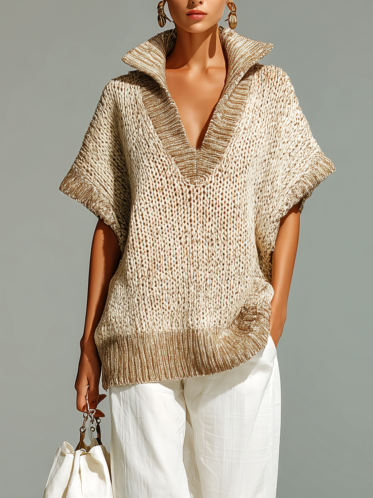 ElevenOra Fashion Casual Beige Stand-Collar Colorblock Loose Sleeveless Knit Vest