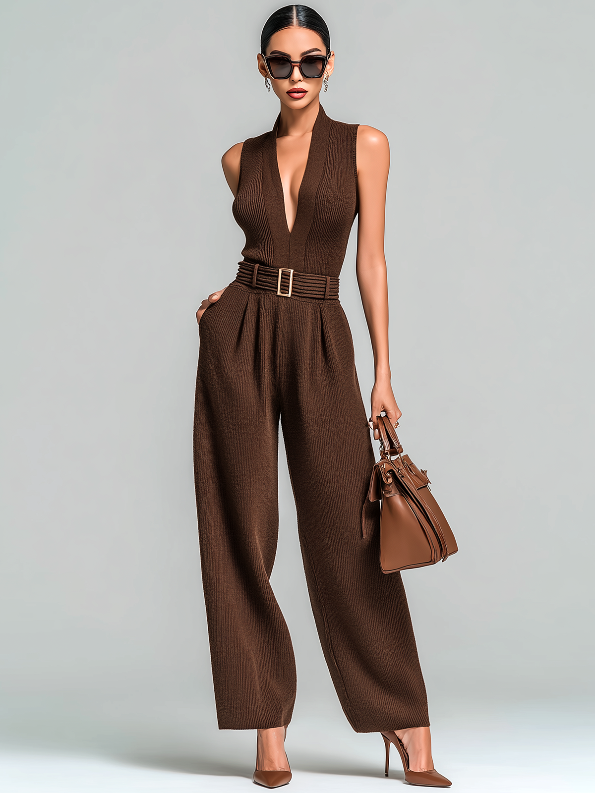 ElevenOra Stylish Elegant Brown Slim-Fit V-Neck Waist Tie Wide Leg Knit Jumpsuit