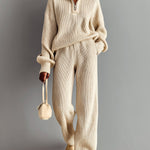 ElevenOra Chic Casual Beige Half-Zip Mock Neck Long Sleeve Top Wide-Leg Pants Ribbed Knit Two-Piece Set