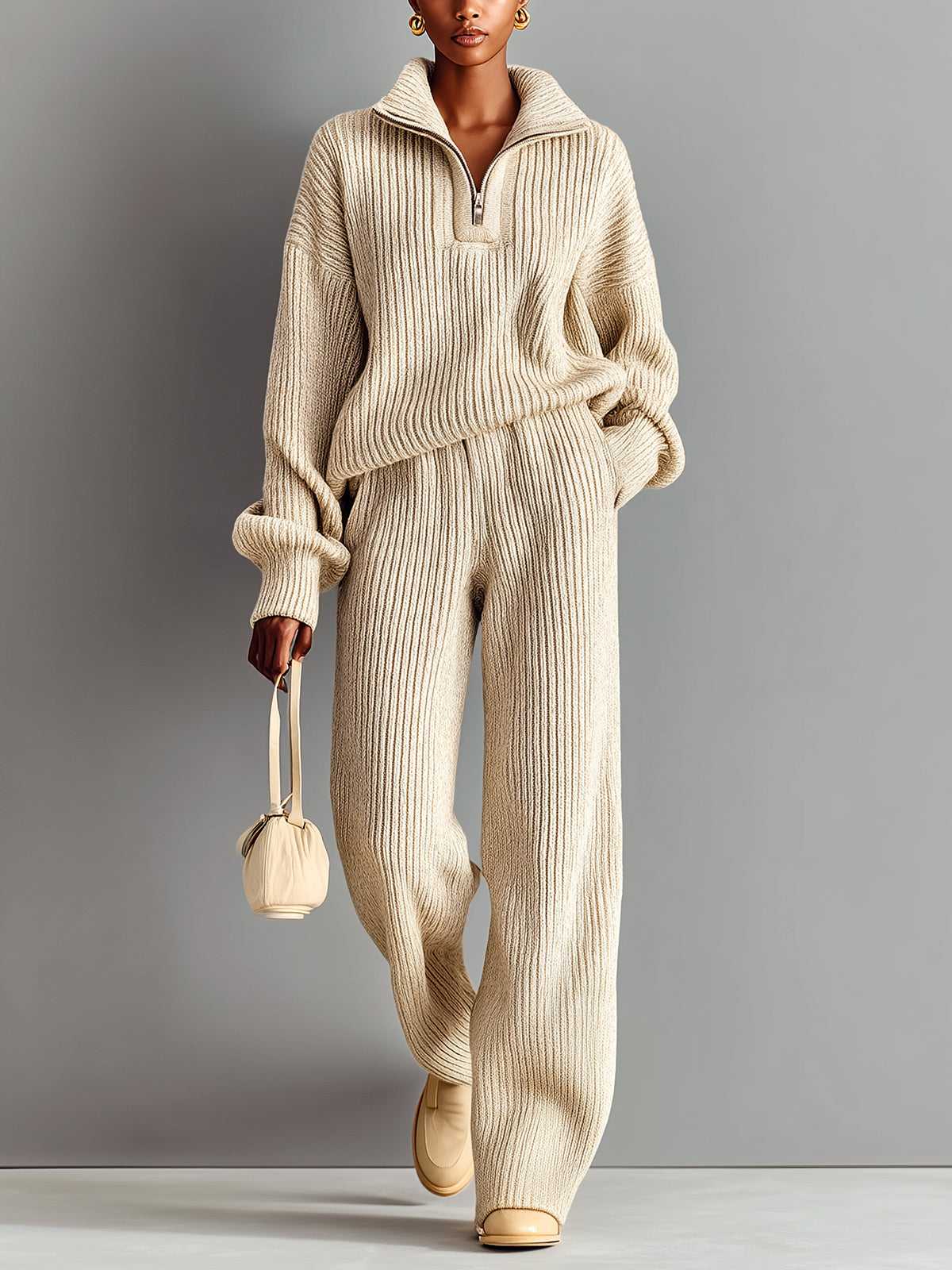 ElevenOra Chic Casual Beige Half-Zip Mock Neck Long Sleeve Top Wide-Leg Pants Ribbed Knit Two-Piece Set