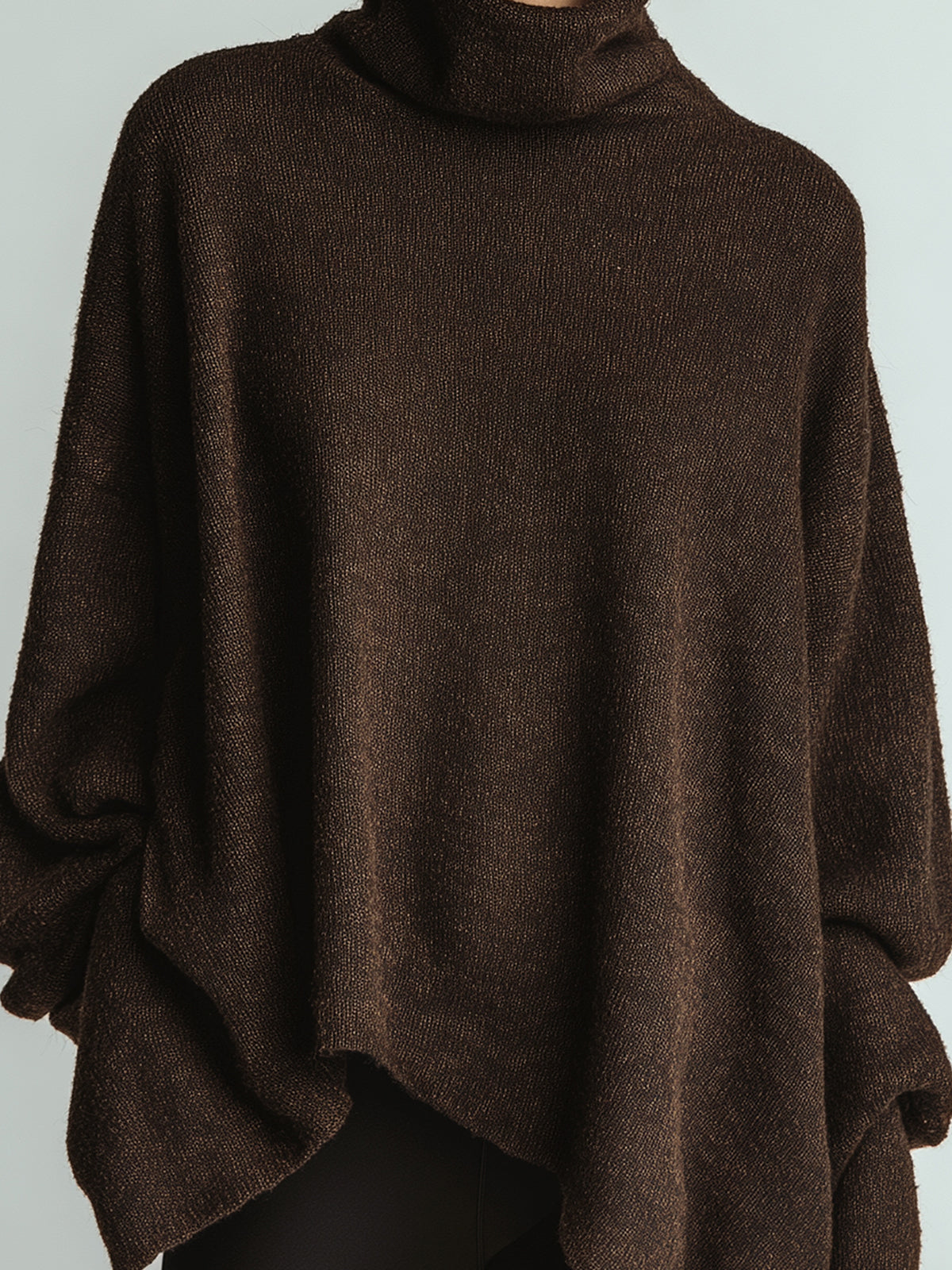 ElevenOra Chic Casual Dark Brown Turtleneck Loose Irregular Hem Long Sleeve Knit Sweater Top