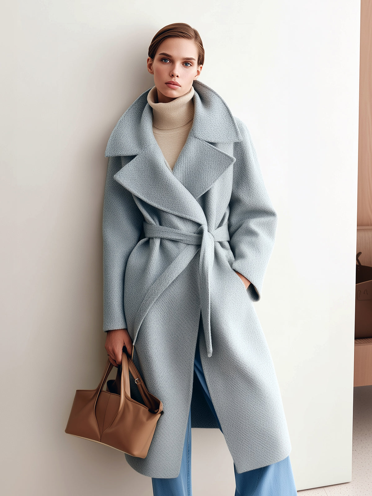 ElevenOra Chic Vintage Light Blue Wool Blend Shawl Lapel Belted Warm Long Coat