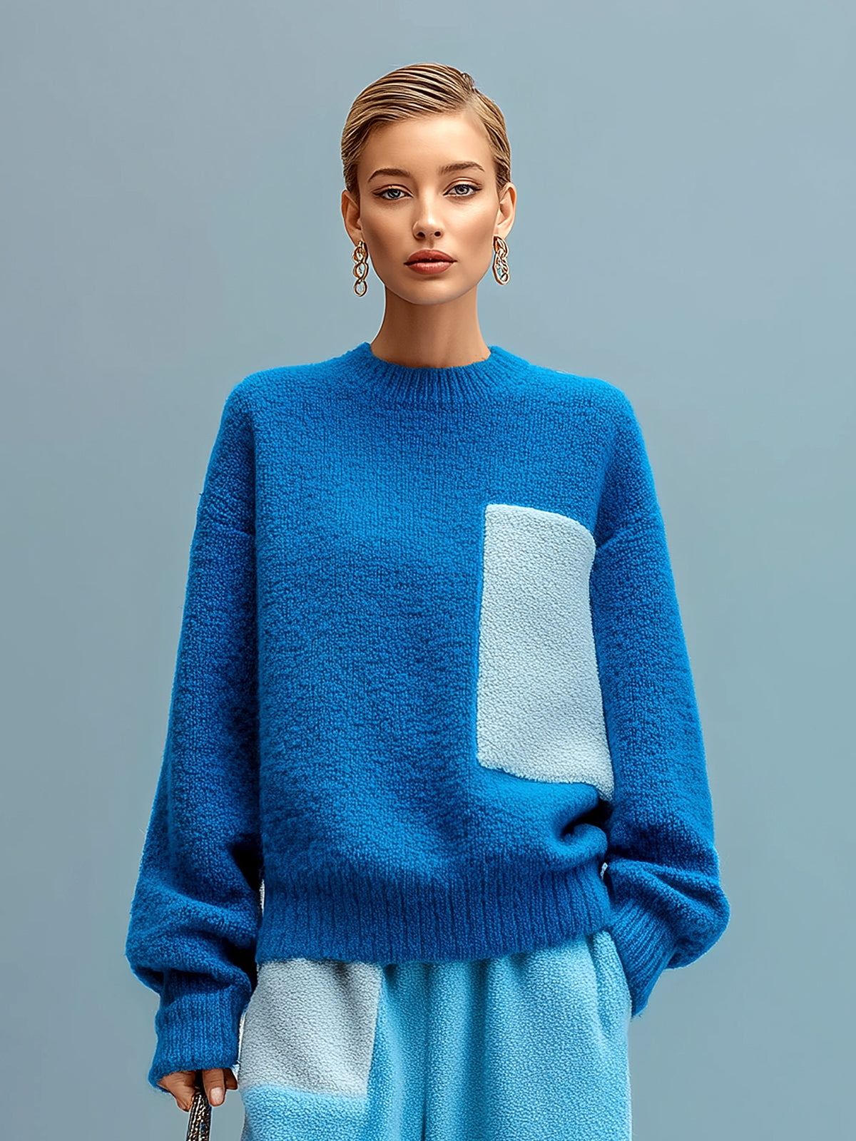 ElevenOra Chic Casual Blue Crew Neck Contrast Patch Long Sleeve Oversized Knit Sweater Top