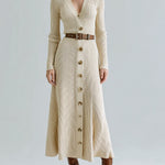 ElevenOra Chic Elegant Apricot V-Neck Single Breasted Button Front Long Sleeve Belted Ribbed Knit Maxi Dress