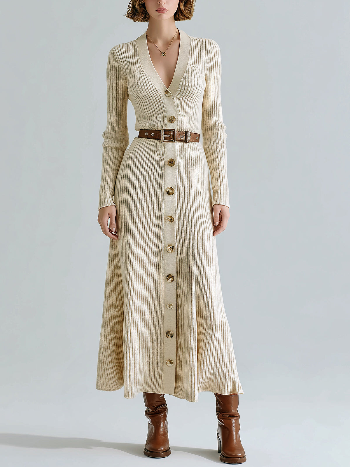 ElevenOra Chic Elegant Apricot V-Neck Single Breasted Button Front Long Sleeve Belted Ribbed Knit Maxi Dress