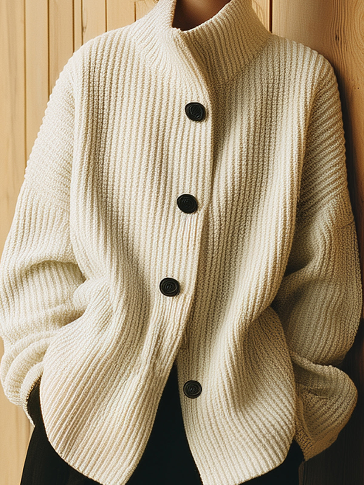 ElevenOra Chic Vintage Beige Stand Collar Single-Breasted Long-Sleeve Oversized Ribbed Knit Cardigan