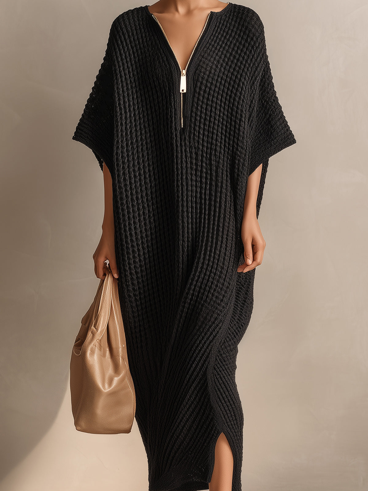ElevenOra Chic Elegant Black Zipper-Up V-Neck Short-Sleeve Oversized Side-Slit Knit Maxi Dress