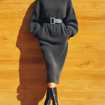 ElevenOra Chic Casual Dark Gray Turtle Neck Belted Oversized Long Sleeve Knit Midi Dress