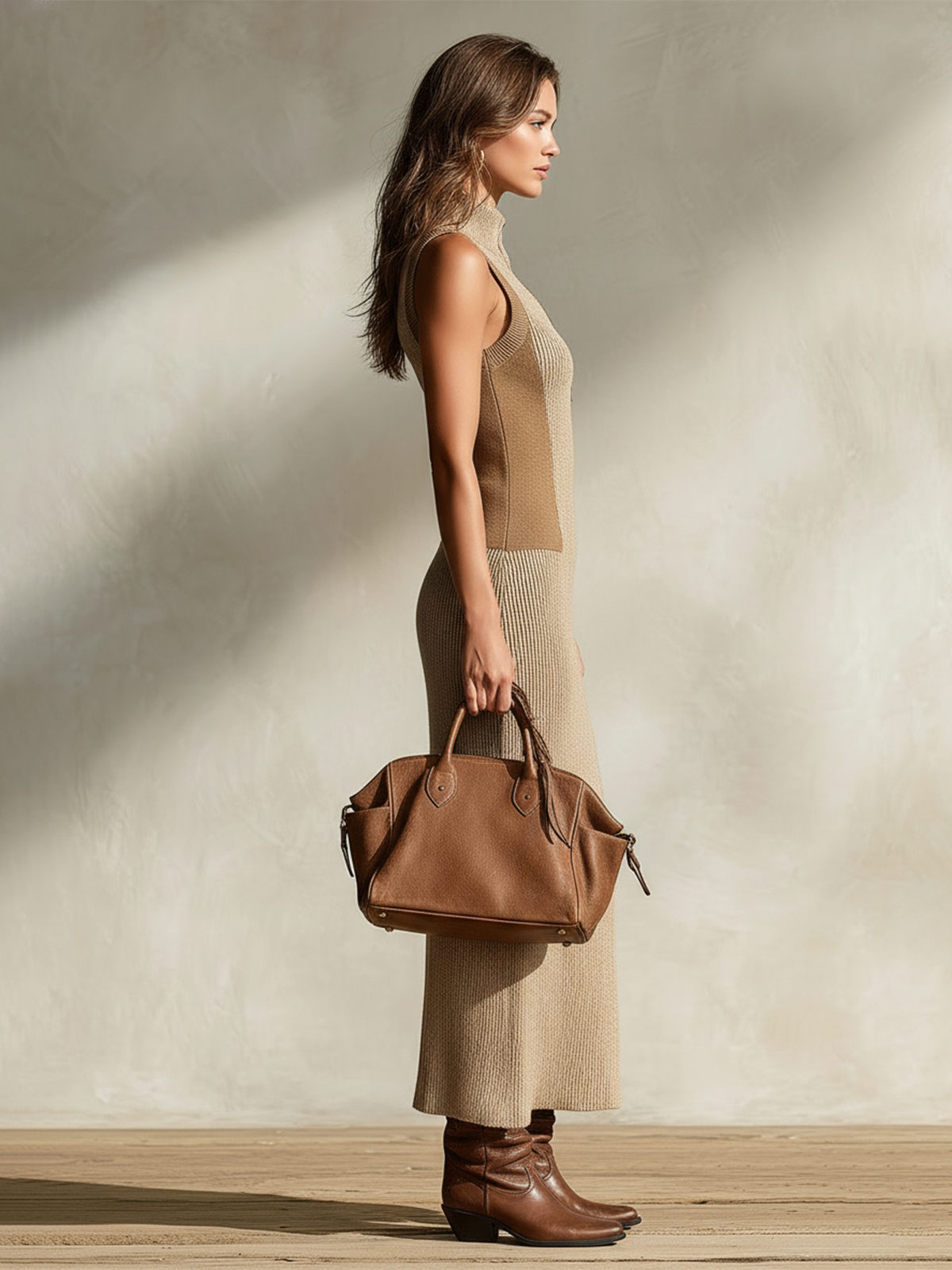 ElevenOra Chic Elegant Camel Colorblock Stand Collar Button-Front Sleeveless Slim-Fit Side Slit Ribbed Knit Maxi Dress