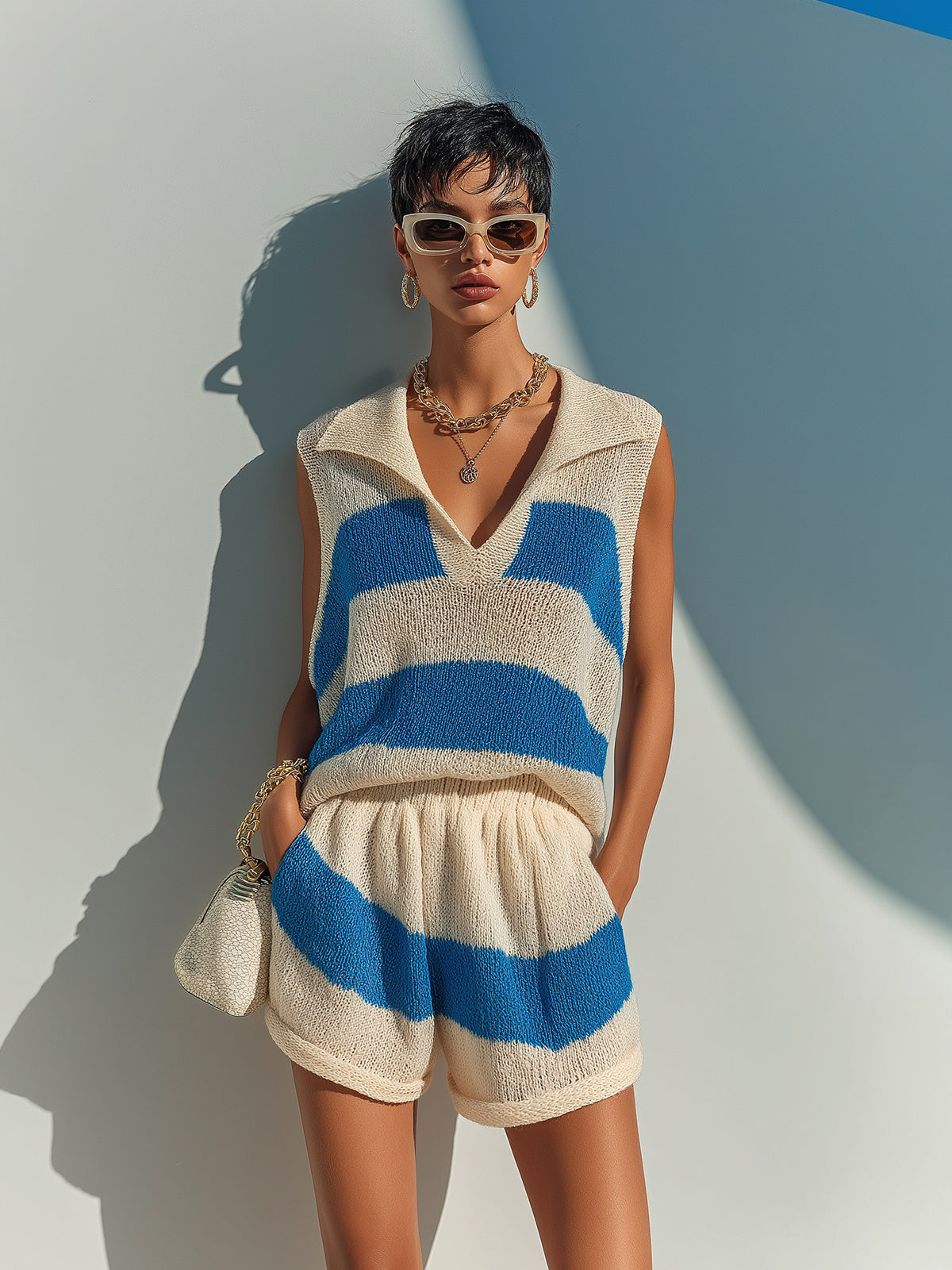 ElevenOra Chic Elegant Royal Blue-Beige Colorblock Lapel Collar V-Neck Loose-Fit Vest Elastic Waist Shorts Knit Two-Piece Set