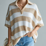 ElevenOra Chic Elegant Camel White Stripes Lapel V-Neck Short-Sleeve Oversize Knit Sweater Top