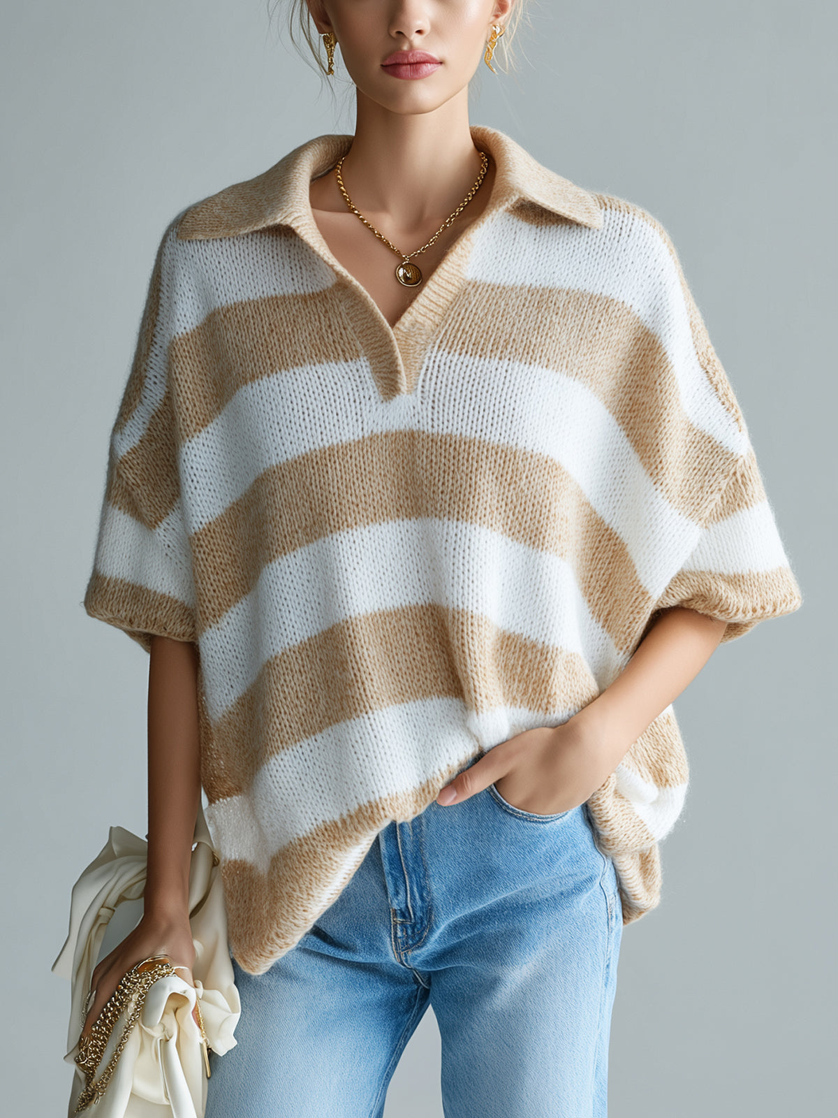ElevenOra Chic Elegant Camel White Stripes Lapel V-Neck Short-Sleeve Oversize Knit Sweater Top