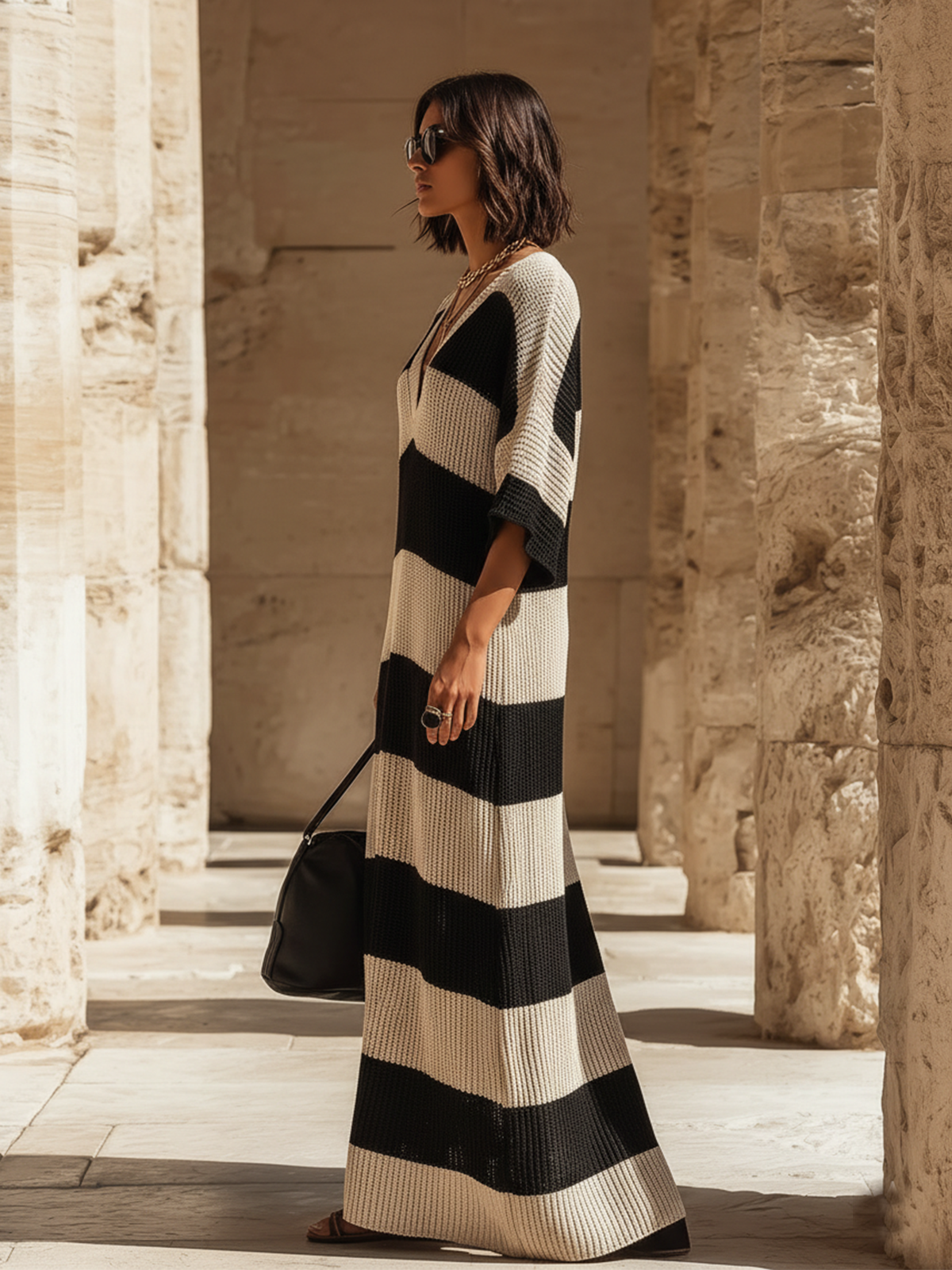 ElevenOra Chic Elegant Beige-Black Striped V-Neck Short-Sleeve Loose-Fit Side Slits Ribbed Knit Maxi Dress