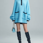ElevenOra Casual Chic Oversize Zipper Stand Collar Patch Pocket Contrast Trim Long Sleeve Knit Mini Dress