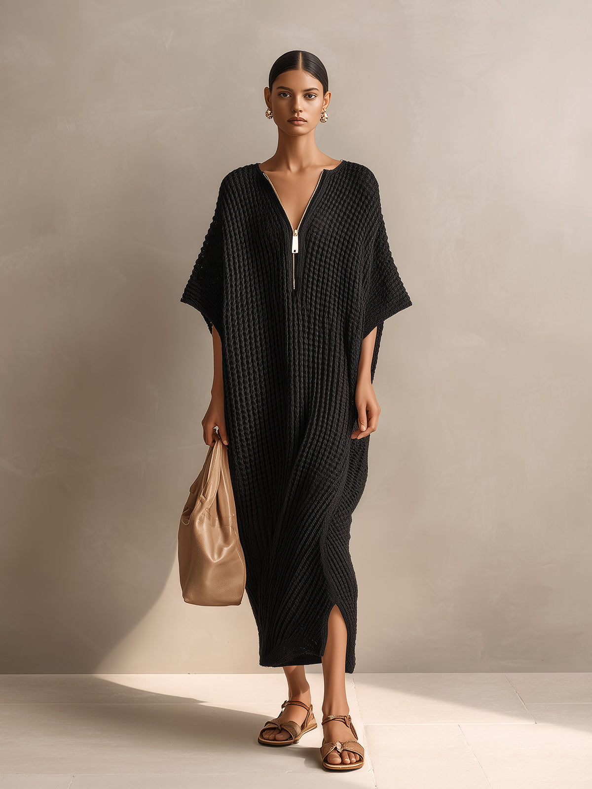 ElevenOra Chic Elegant Black Zipper-Up V-Neck Short-Sleeve Oversized Side-Slit Knit Maxi Dress