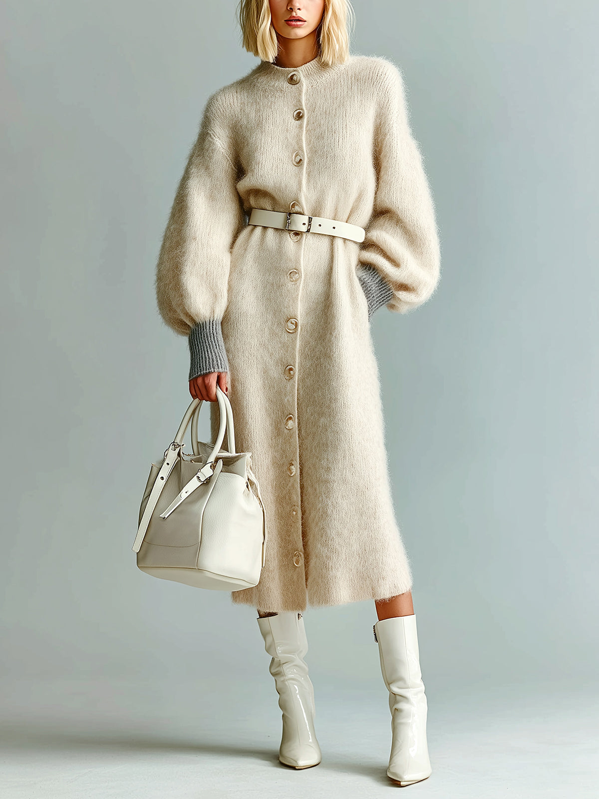 ElevenOra Chic Vintage Light Khaki Round Neck Single-Breasted Lantern Sleeve Belted Knit A-line Calf-Length Dress