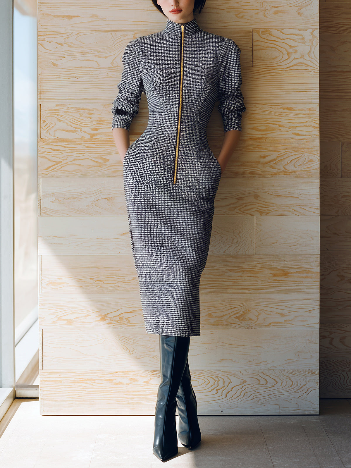 ElevenOra Chic Casual Gray Houndstooth Wool Blend Stand Collar Zipper-Front Puff Sleeve Slim-Fit Midi Dress