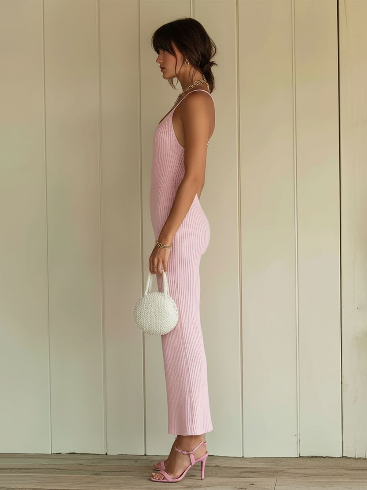 ElevenOra Chic Elegant Pink V-Neck Strappy Sleeveless Slim-Fit Wide Leg Ribbed Knit Jumpsuit