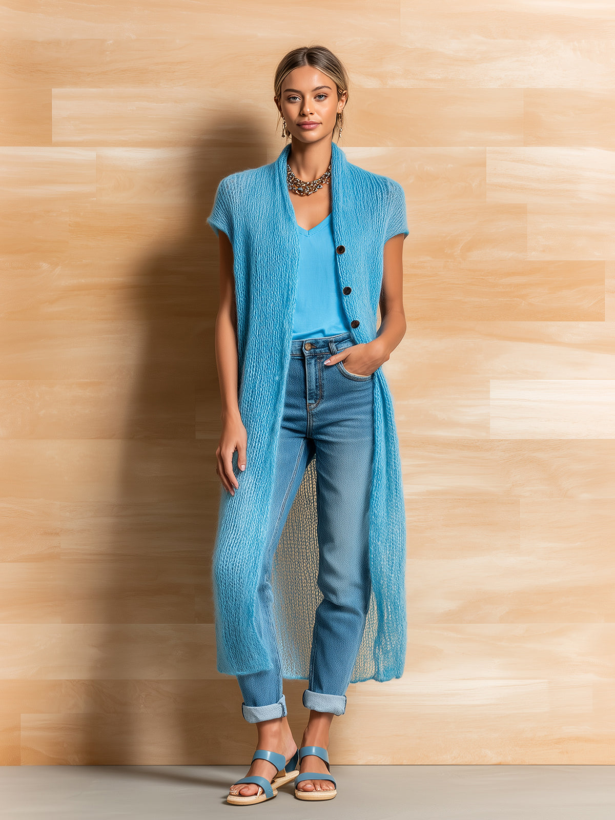 ElevenOra Chic Elegant Blue Collarless Single-Breasted Short-Sleeve Loose-Fit Mohair Knit Long Cardigan