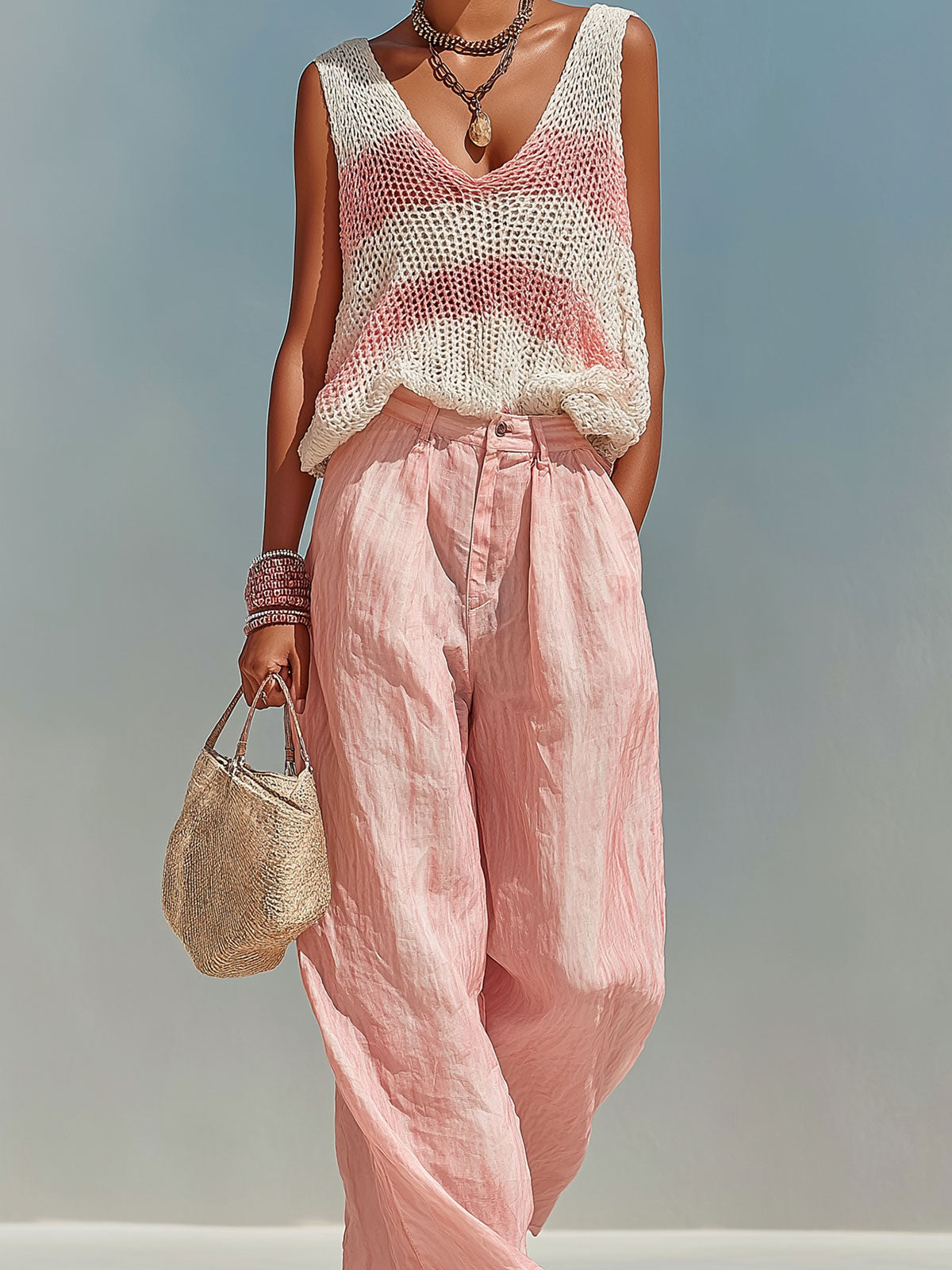 ElevenOra Chic Elegant Pink-White Stripes V-Neck Sleeveless Loose-Fit Knit Tank Top Pink Satin Pants Two-Piece Set