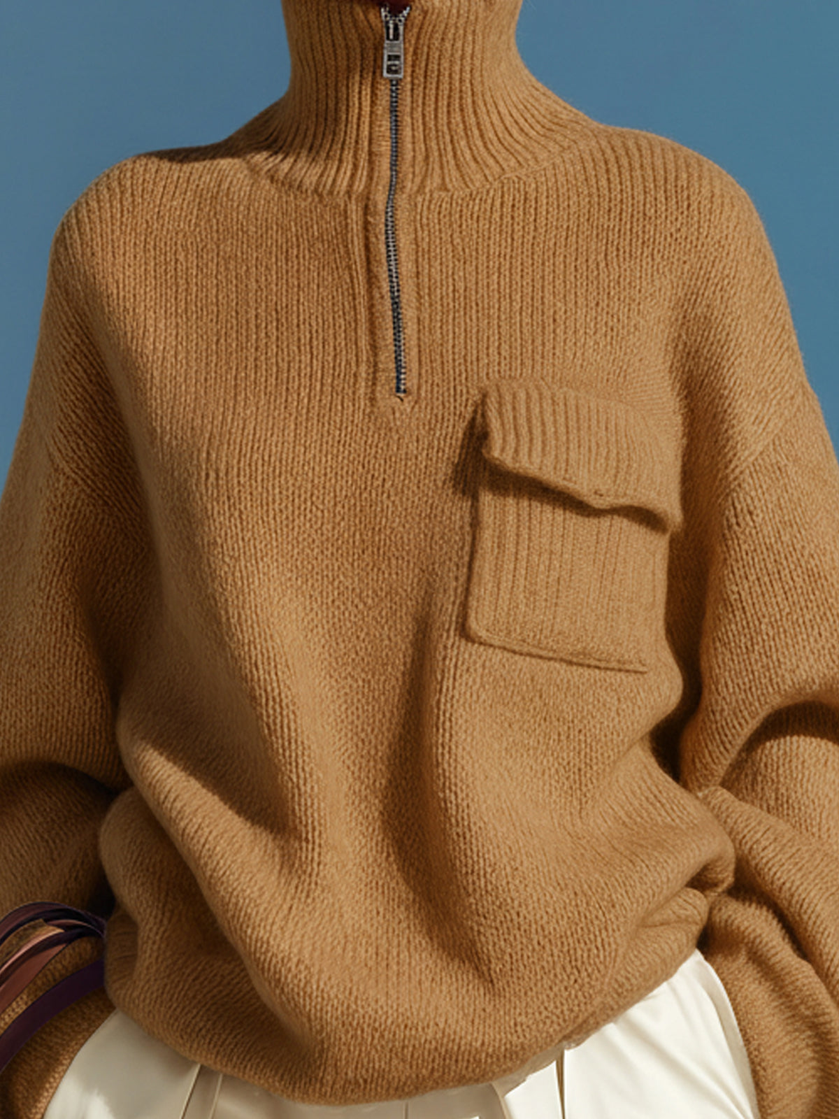 ElevenOra Chic Elegant Camel Mock Neck Half-Zip Pocket Slouchy Knit Sweater
