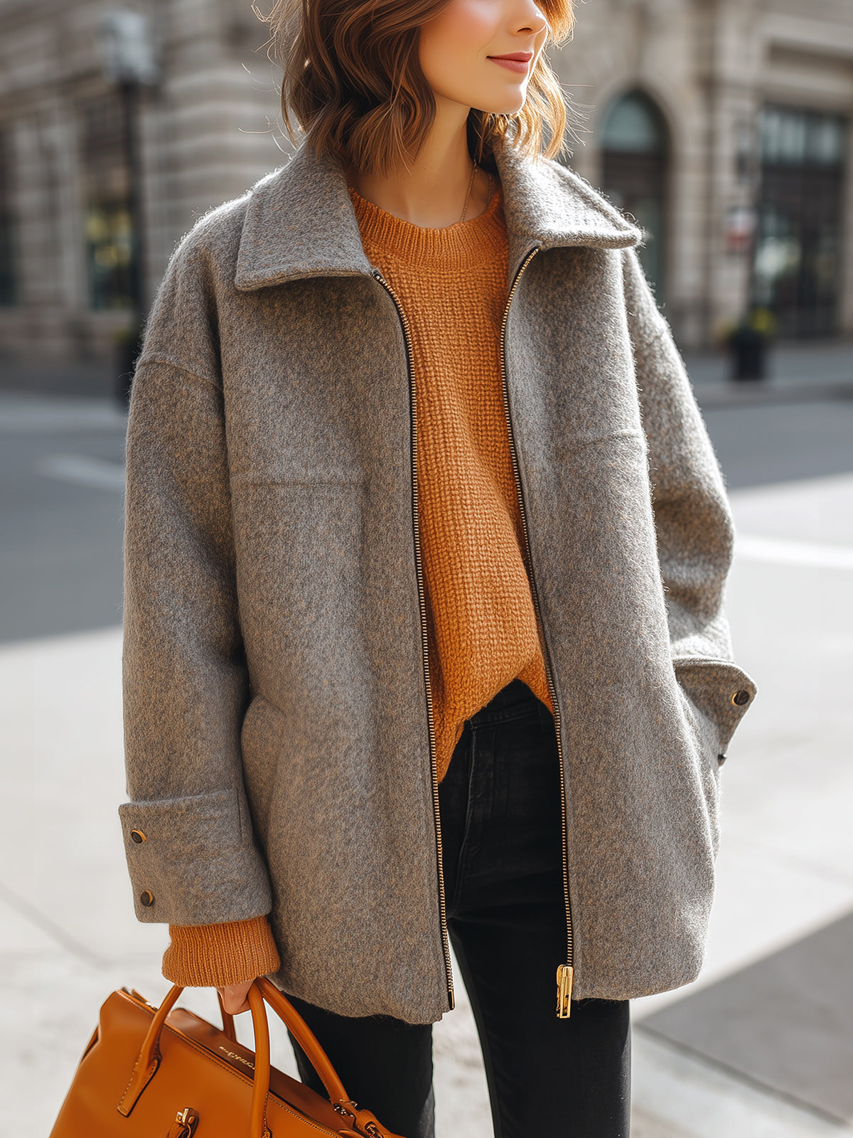 ElevenOra Casual Chic Gray Wool Blend Lapel Zip-Front Oversized Warm Coat