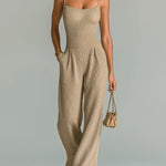 ElevenOra Chic Casual Camel Strappy Sleeveless Tailored Waist Wide Leg Ribbed Knit Jumpsuit