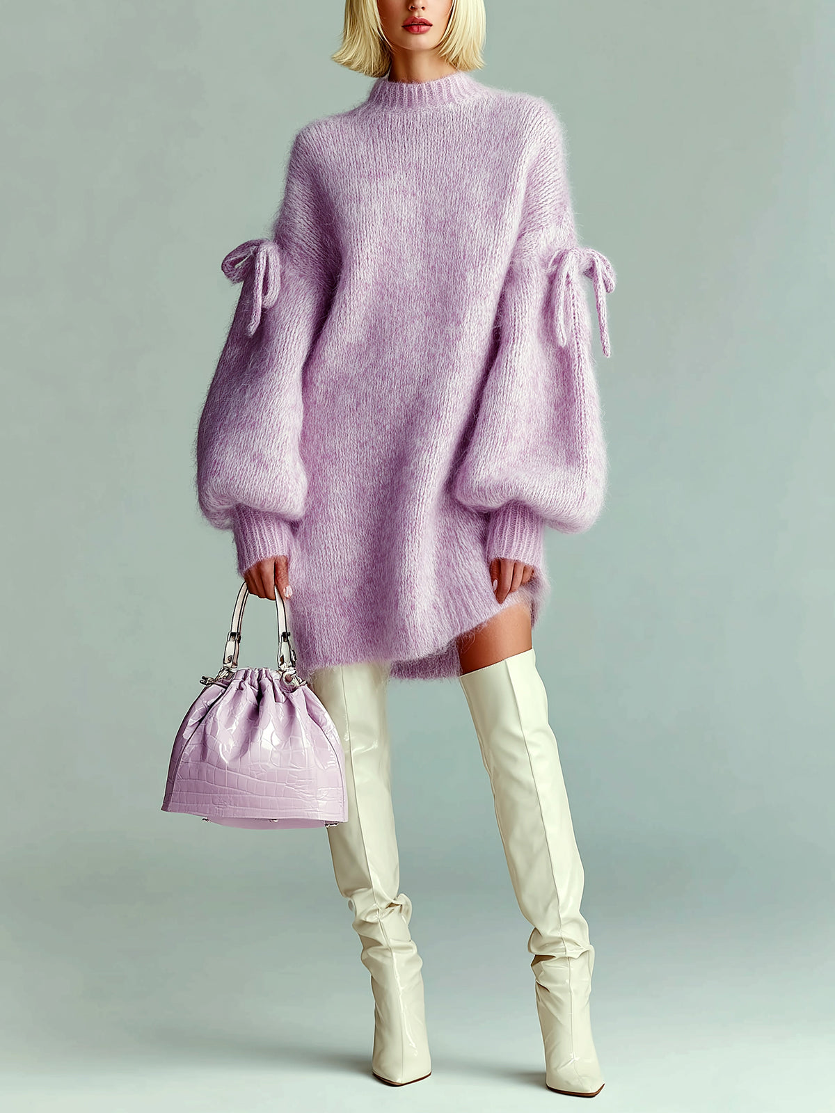 ElevenOra Chic Casual Lavender Round Neck Lantern Sleeve Bow-Embellished Oversized Fuzzy Knit Midi Dress