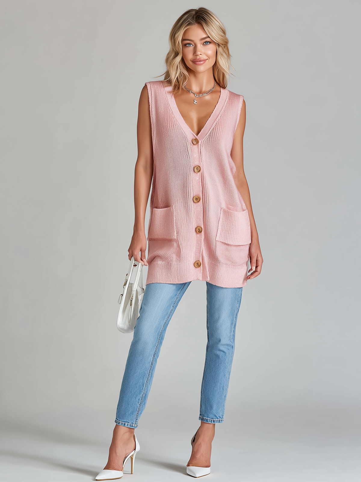 ElevenOra Fashion Casual Pink Loose Sleeveless V-neck Button  Patch Pockets Knit Vest