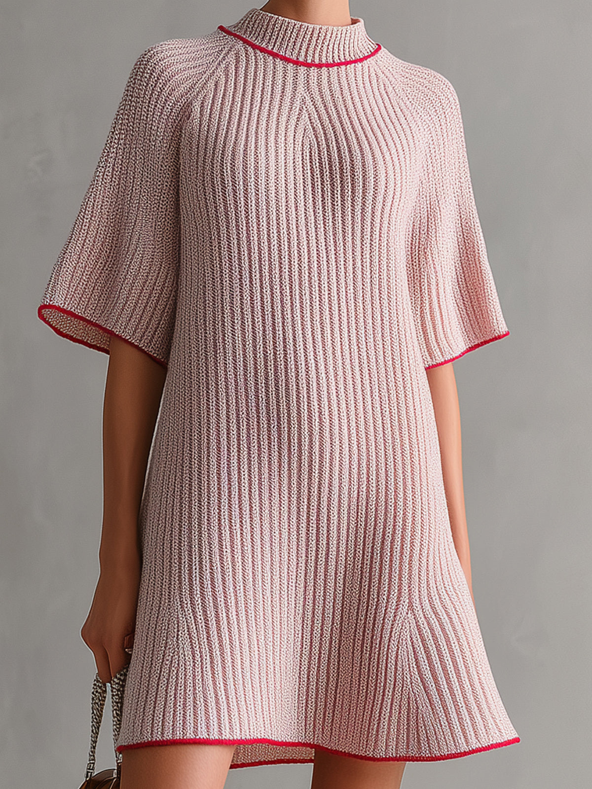 ElevenOra Chic Elegant Pink Mock Neck Contrast Trim Detail Short-Sleeve Loose-Fit A-Line Ribbed Knit Mini Dress